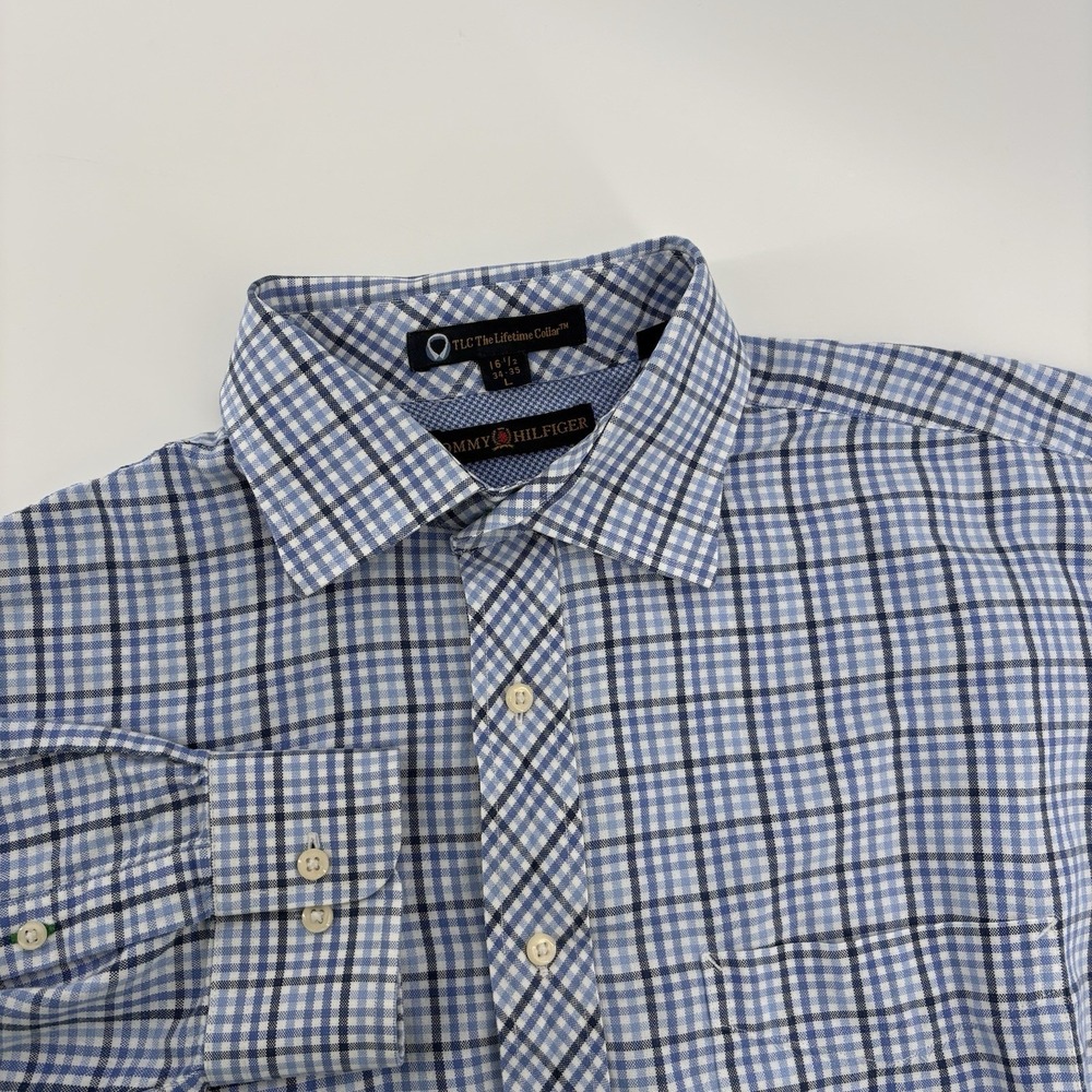 Tommy Hilfiger Shirt Mens Large Blue Check Button Up TLC Long Sleeve 16.5 34-35